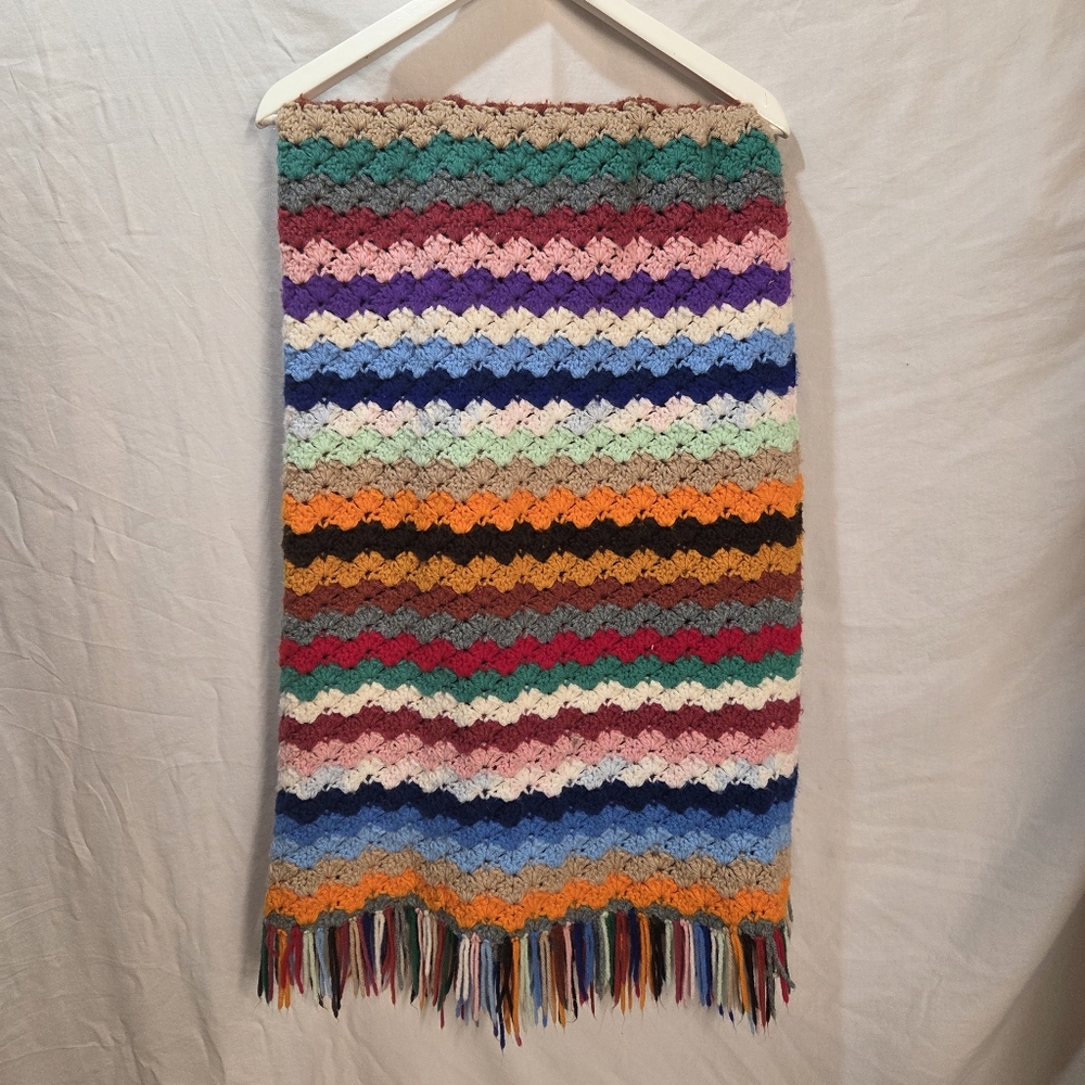 Vintage Handmade Granny Crochet Multicolour Striped Lap Blanket With Fringe - Picture 3 of 4